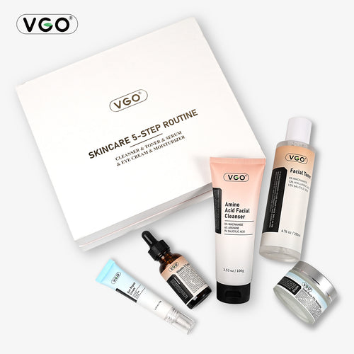 5-step skincare routine set with cleanser, toner, serum, eye cream and moisturizer