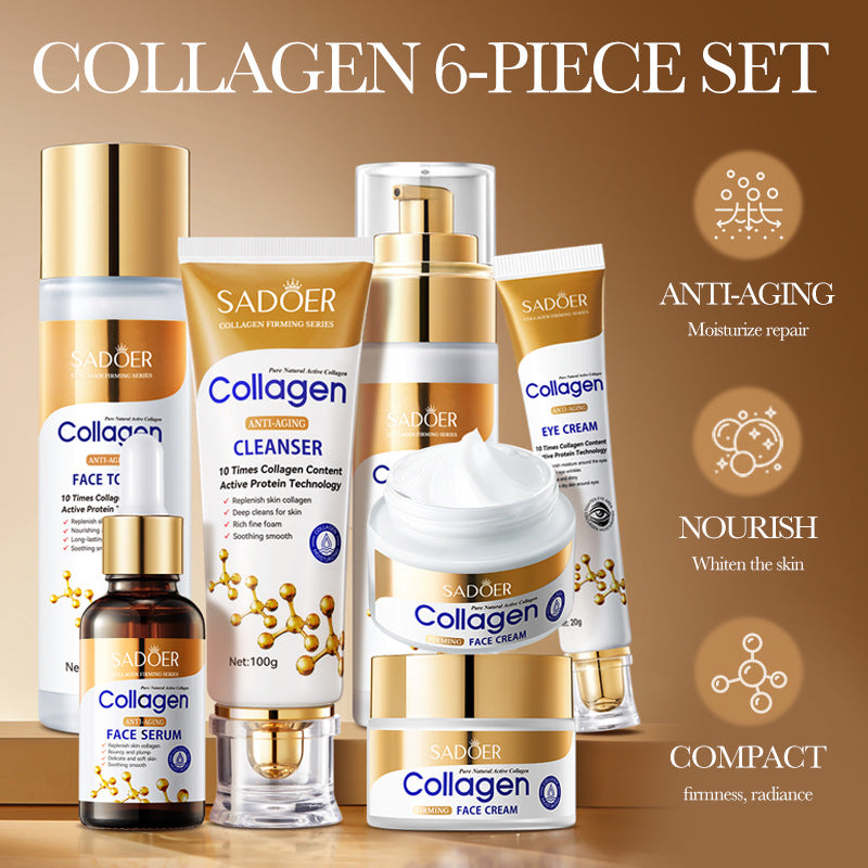 Collagen skincare set: cleanser, toner, serum, lotion, eye cream and face cream