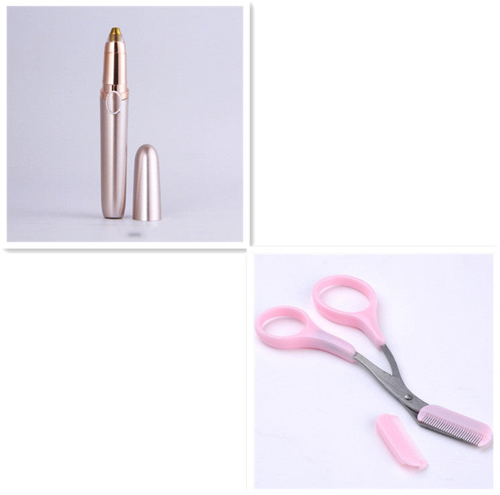 Gold eyebrow trimmer pen with pink eyebrow scissors and comb set